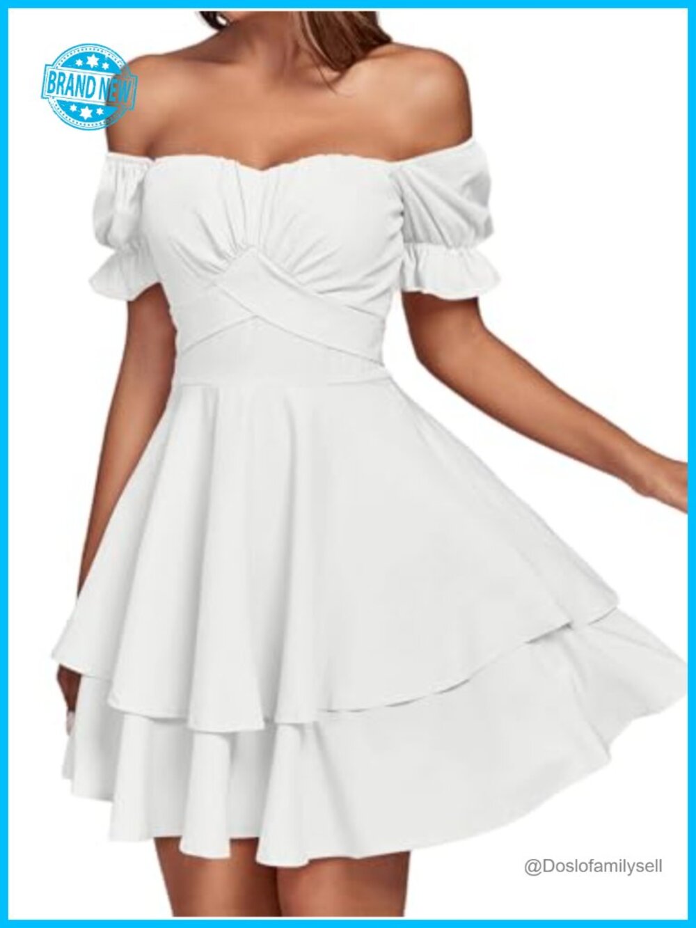 Off Shoulder Ruffle Hem Mini Dress with Belt Ruched Bust - Picture 2 of 6